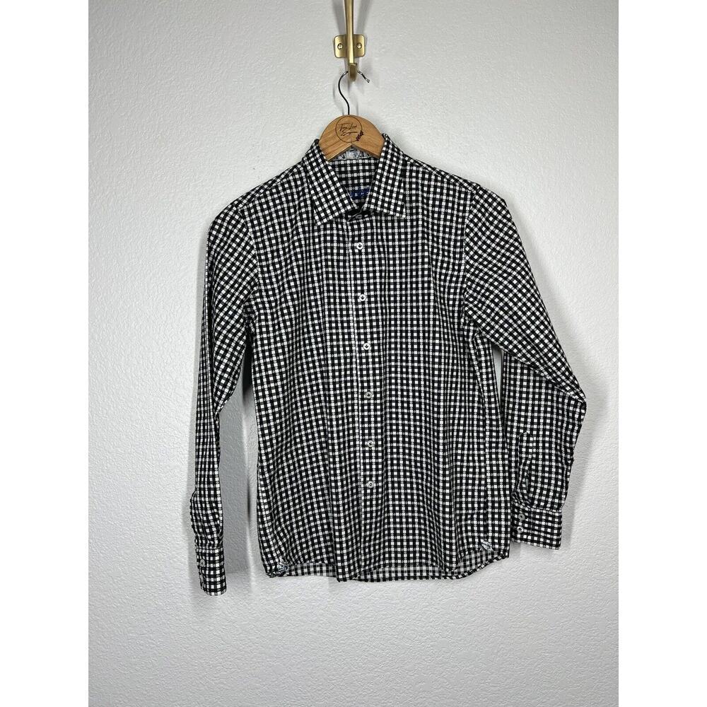 Robert Graham Boys Plaid Button Down Shirt Large 14-16 Black White Gingham